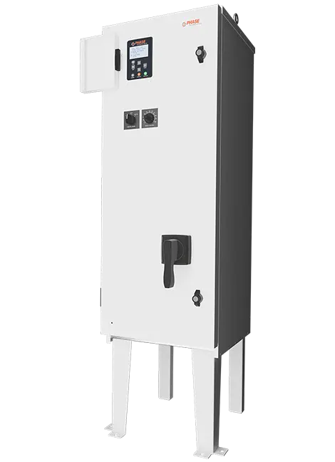 Open Phase Technologies control panel showing the drive, breaker disconnect and door-mounted controls