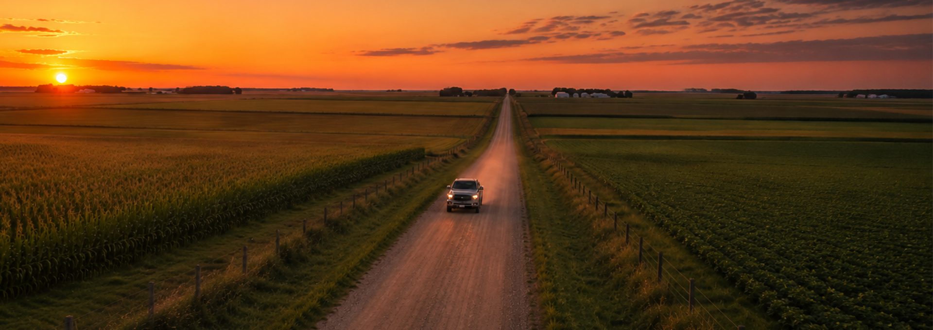 Service truck heading home down a rural road at sunset