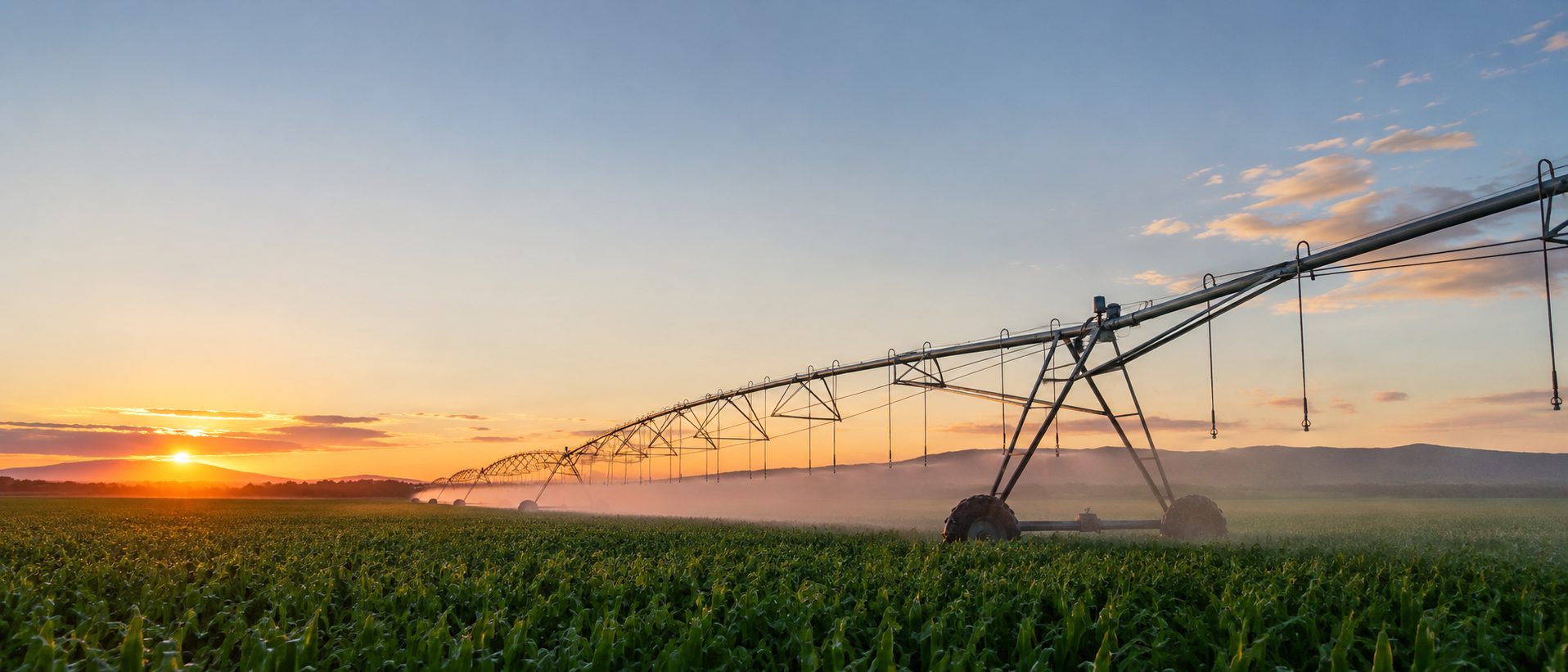Center-pivot irrigation system watering a field at sunset