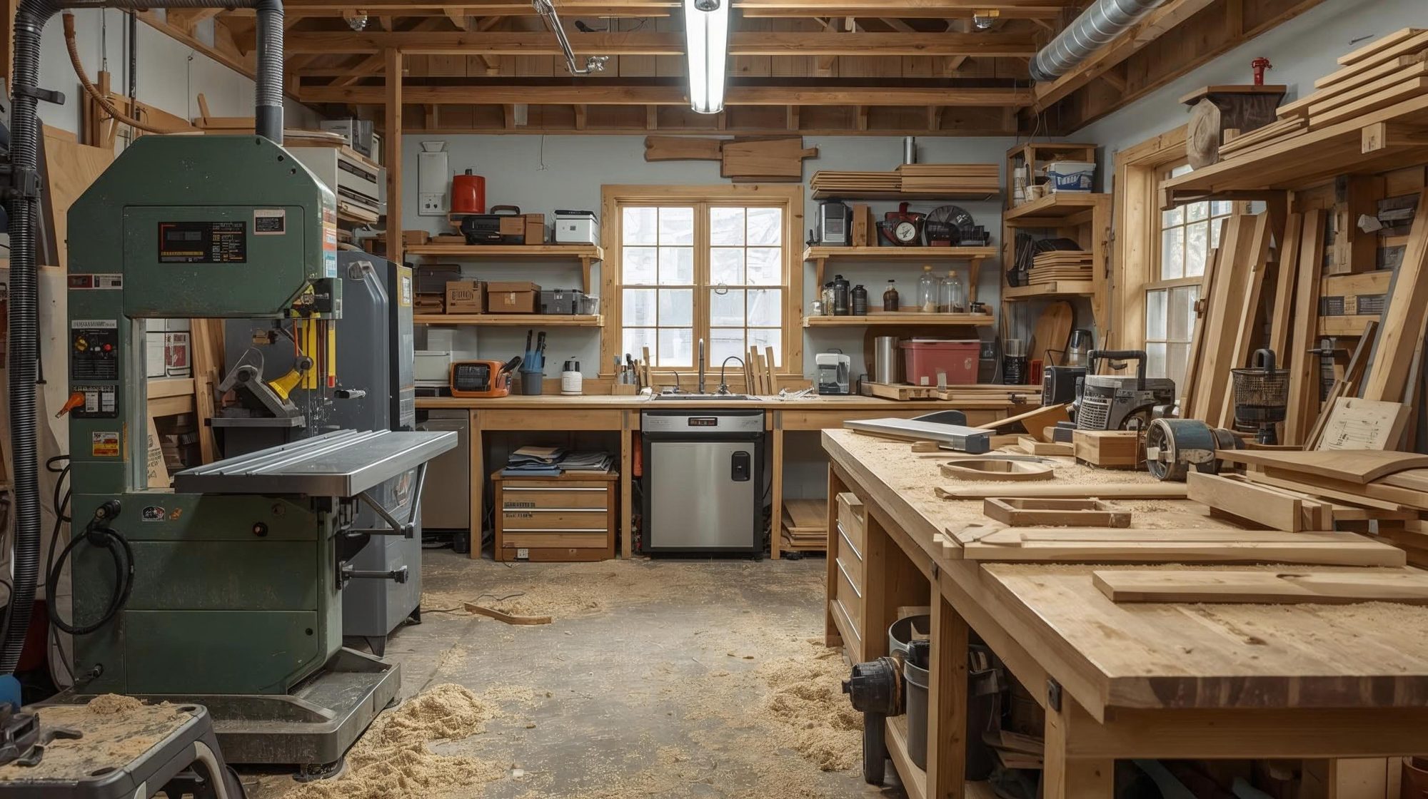 Woodworking shop with cabinet saws, dust collection and stacked lumber